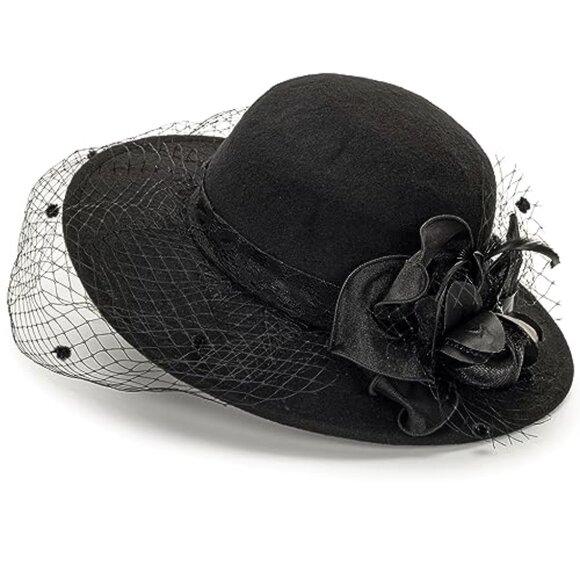 Vintage Bowler Fedora Hat with Veil Floppy Brim Felt Elegant Fascinator - Picture 7 of 8
